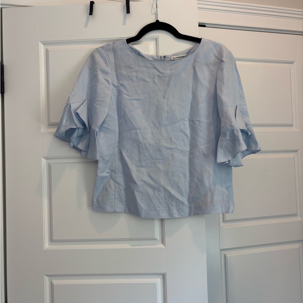 Club Monaco Blue Puff Sleeve Blouse with Bib Collar